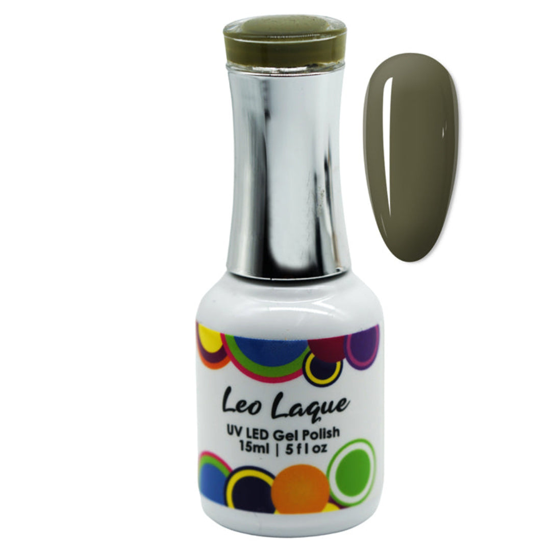 A bottle of Leo Laque UV LED Gel Polish in a muted olive green shade, shown alongside a matching nail color swatch on a plain white background.