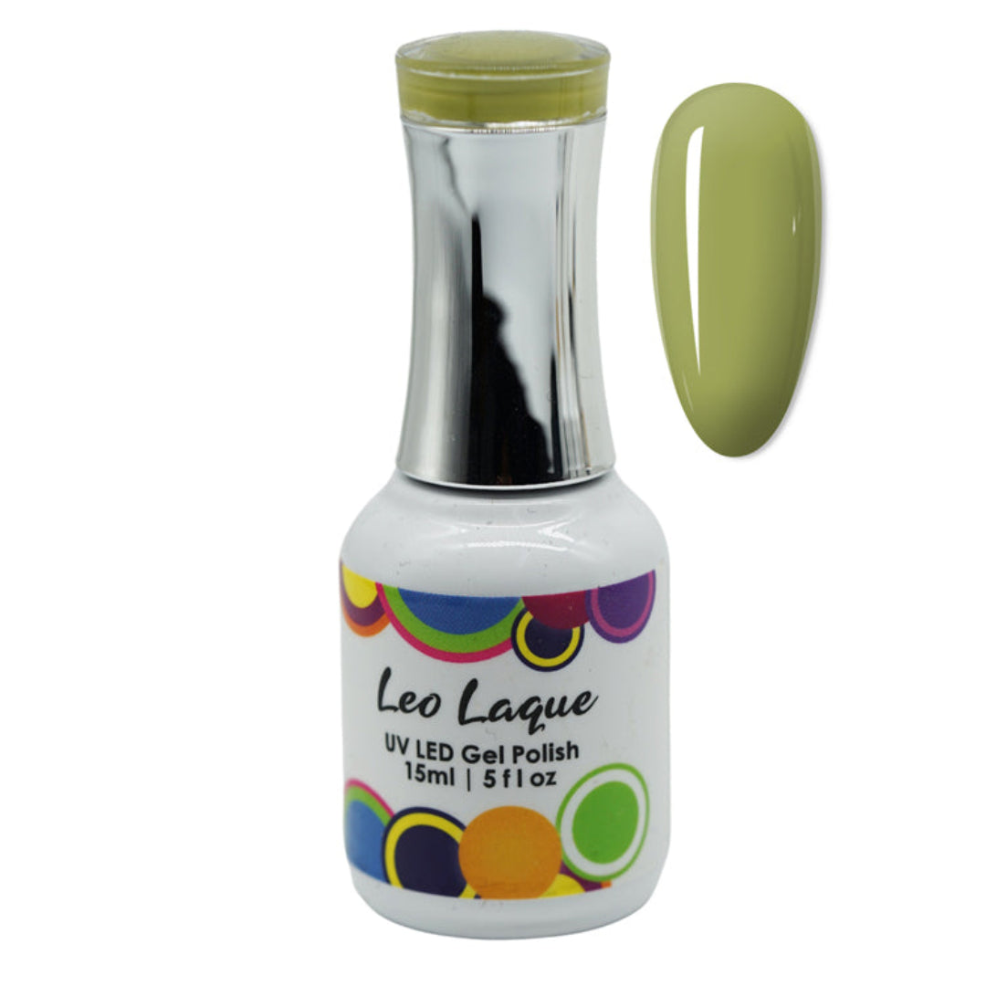 A bottle of Leo Laque UV LED Gel Polish in a light olive green shade, shown next to a matching green nail swatch on a plain white background.