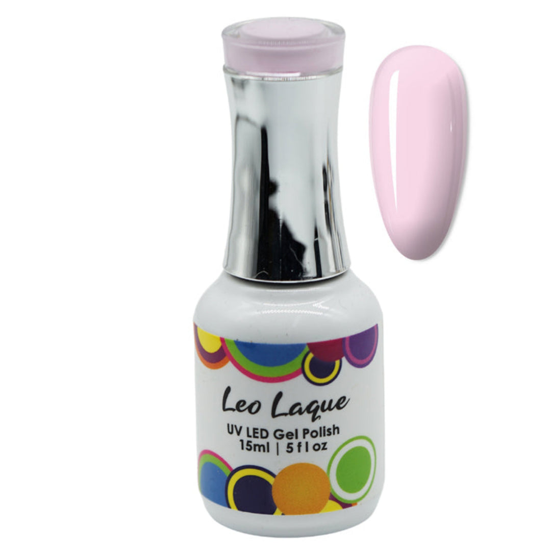 A bottle of Leo Laque UV LED Gel Polish in a pale pink shade, shown next to a matching glossy nail color swatch on a plain white background.
