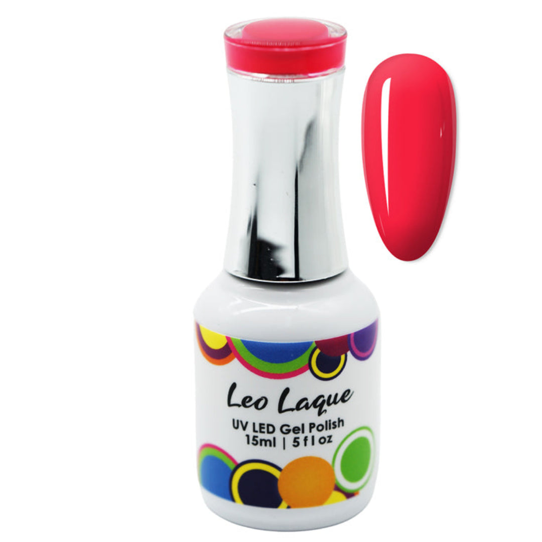 A bottle of Leo Laque UV LED gel nail polish in a bright pinkish-red shade, shown alongside a matching glossy nail swatch on a plain white background.