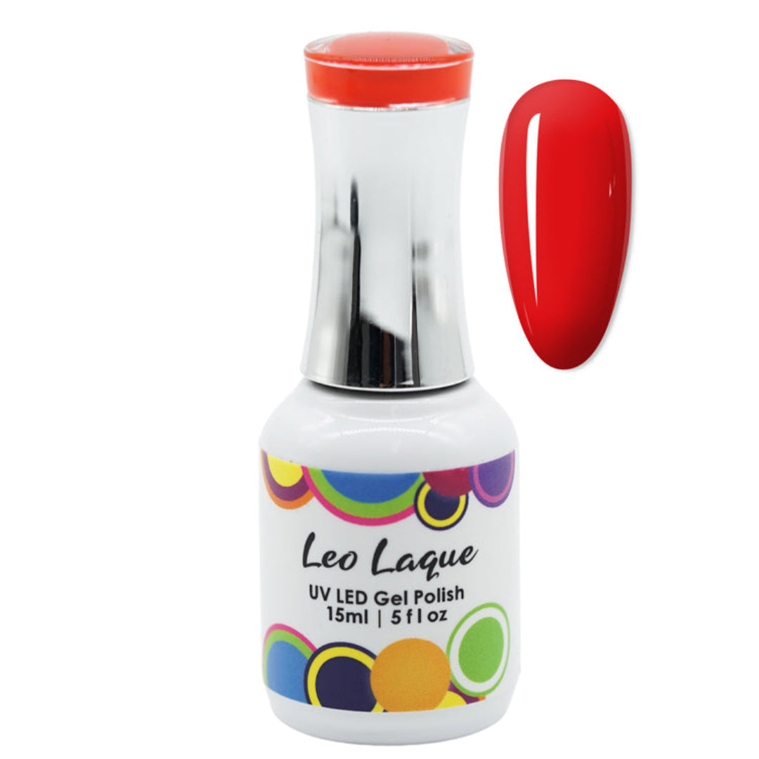A bottle of Leo Laque UV LED Gel Polish with a white body, colorful circular pattern on the label, and a metallic silver neck, shown alongside a glossy orange-red nail swatch on a plain white background.