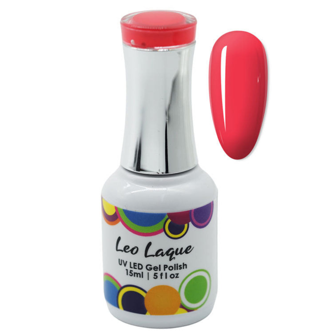 A bottle of Leo Lague UV LED Gel Polish with a white label, colorful polka dots, and a metallic silver cap, shown next to a glossy swatch of the pinkish-red gel polish on a white background.