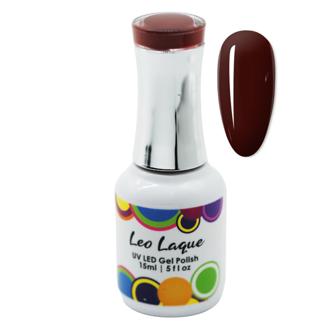 A bottle of Leo Laque UV LED gel polish in a deep burgundy shade, shown next to a matching glossy nail swatch on a plain white background.
