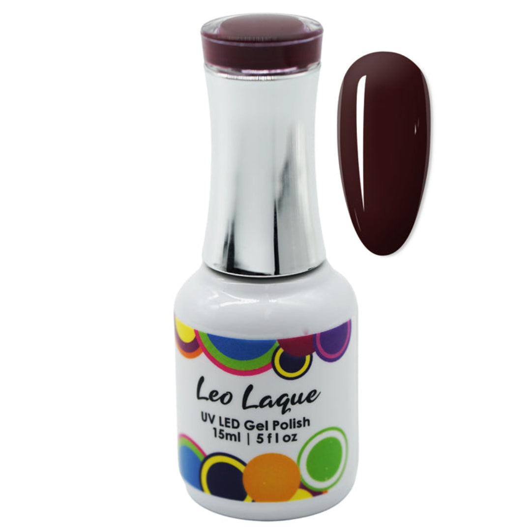 A bottle of Leo Laque UV LED Gel Polish in a deep dark brown shade, shown next to a vertical nail swatch displaying the same color on a white background.