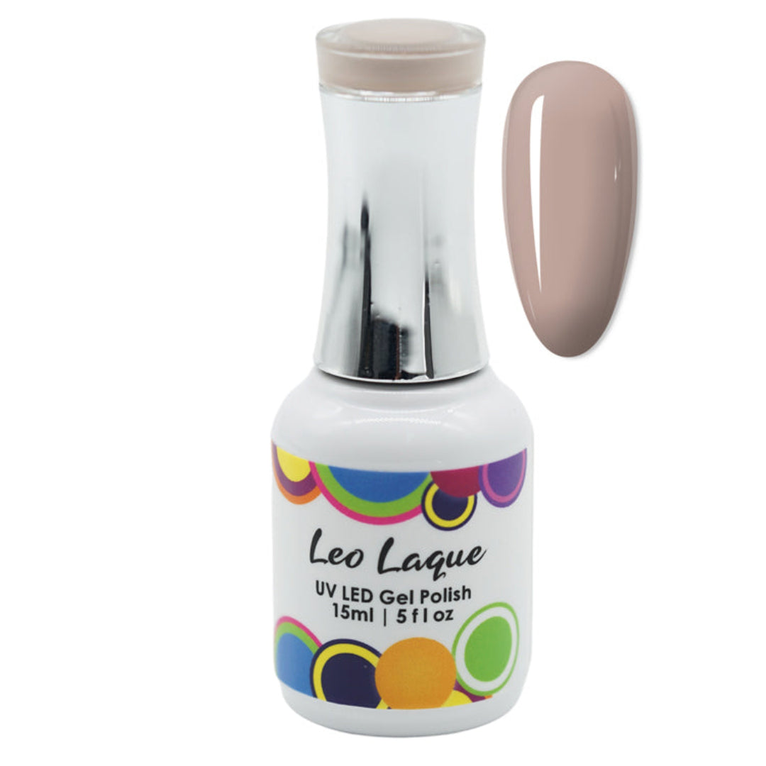 A bottle of Leo Laque UV LED Gel Polish in a light dusty pink shade, shown alongside a matching oval nail swatch on a plain white background.