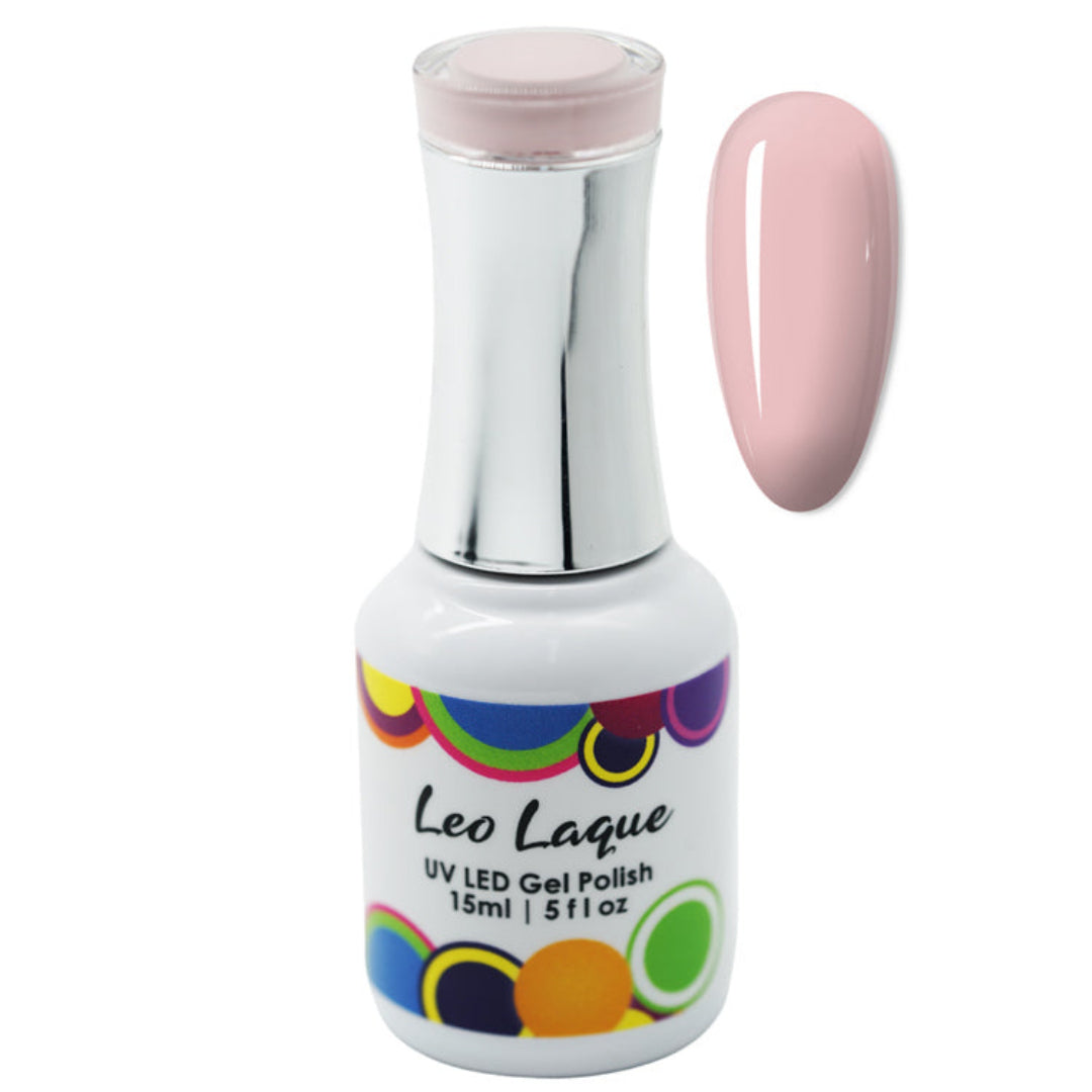 A bottle of Leo Laque UV LED Gel Polish in a pale pink shade, shown next to a matching pink nail swatch on a plain white background.