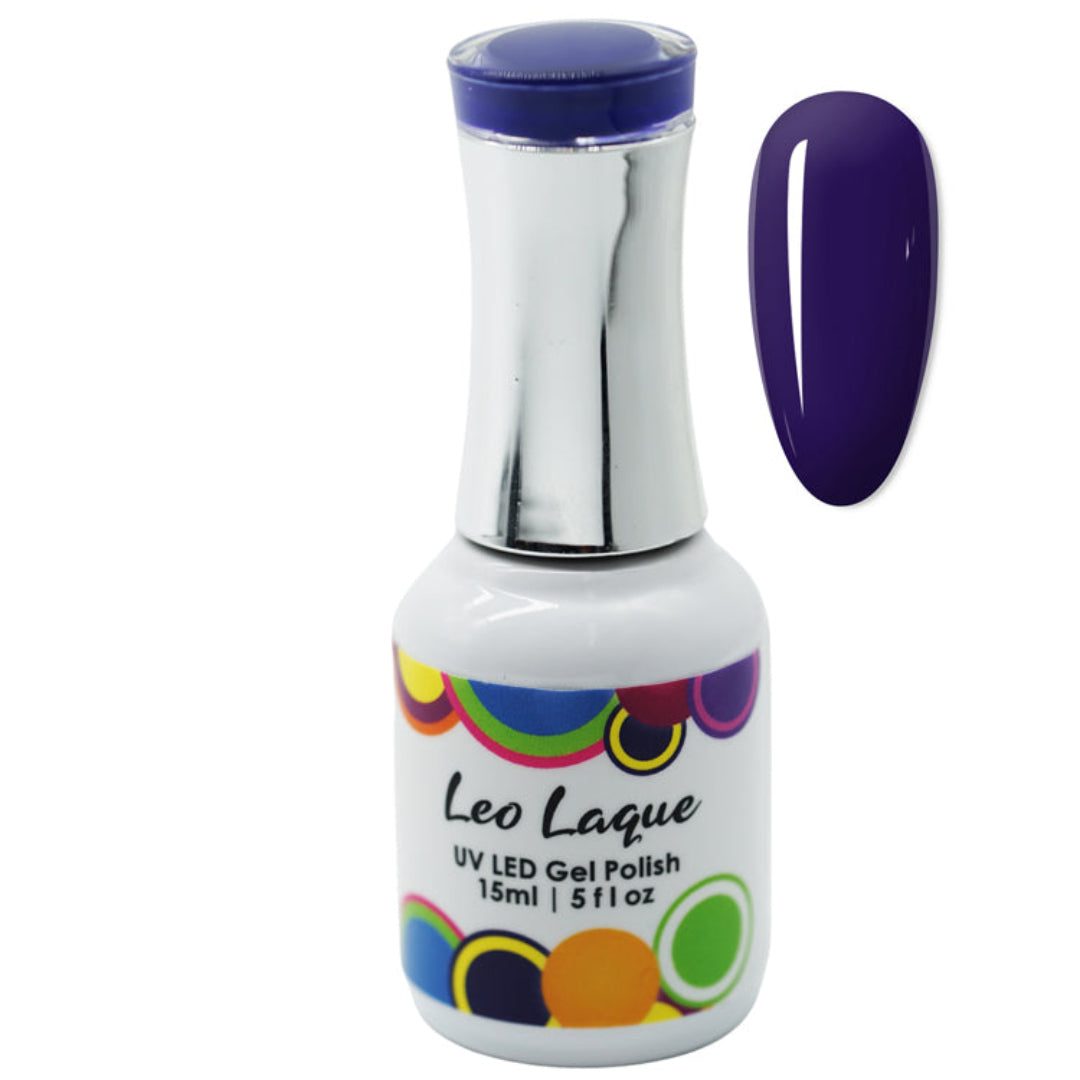 A bottle of Leo Laque UV LED gel polish in a deep purple shade, shown alongside a matching oval nail color swatch on a plain white background.