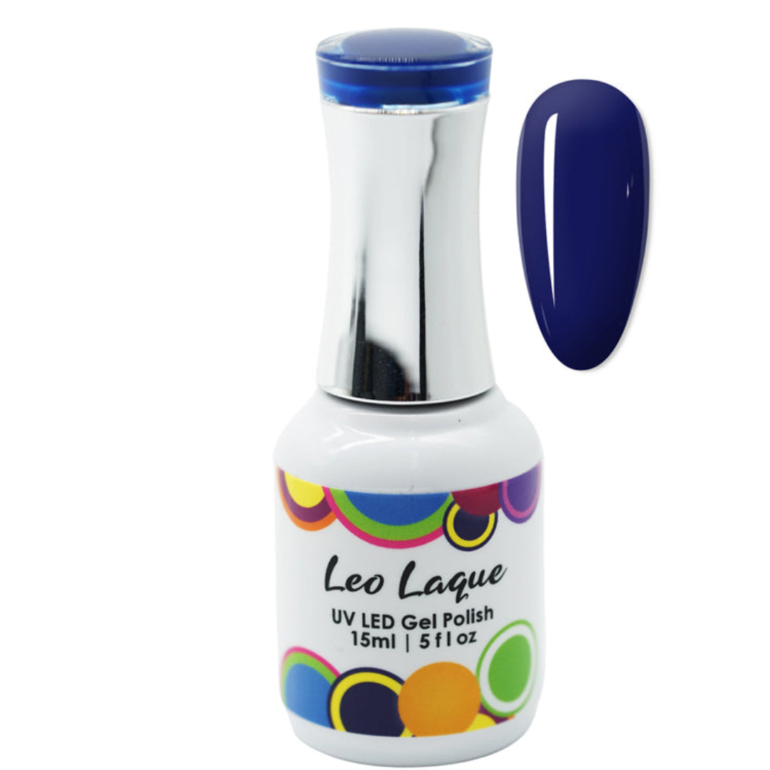 A bottle of Leo Laque UV LED Gel Polish in a deep navy blue shade, shown alongside a matching glossy nail swatch on a plain white background.