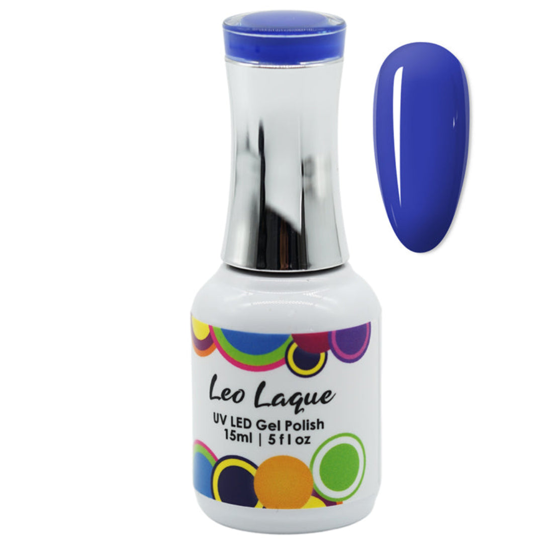 A bottle of Leo Laque UV LED Gel Polish in a vibrant royal blue shade, shown alongside a matching blue nail swatch on a plain white background.