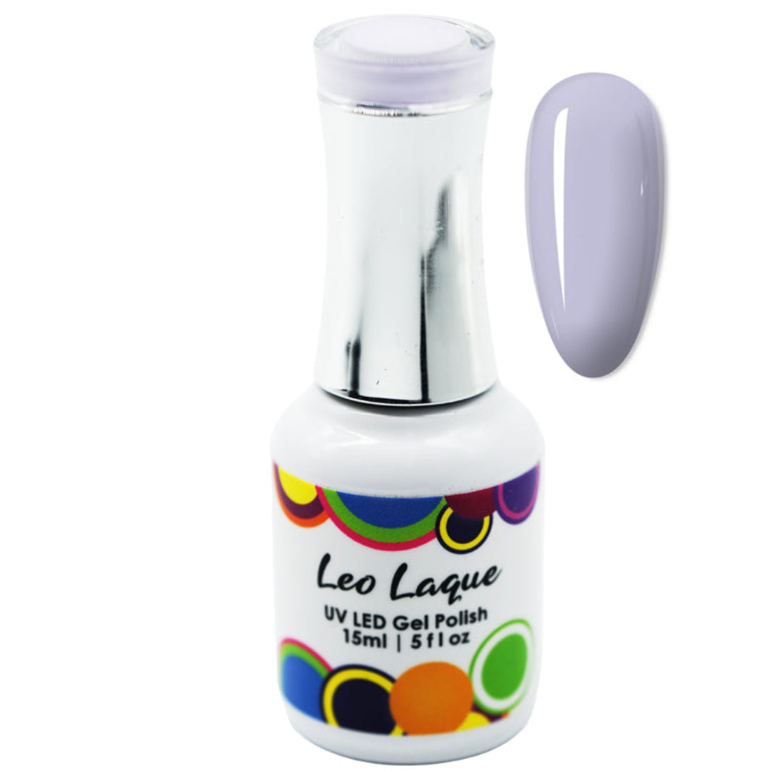 A bottle of Leo Laque UV LED Gel Polish in a light lavender shade, shown next to a matching oval nail color swatch on a white background.