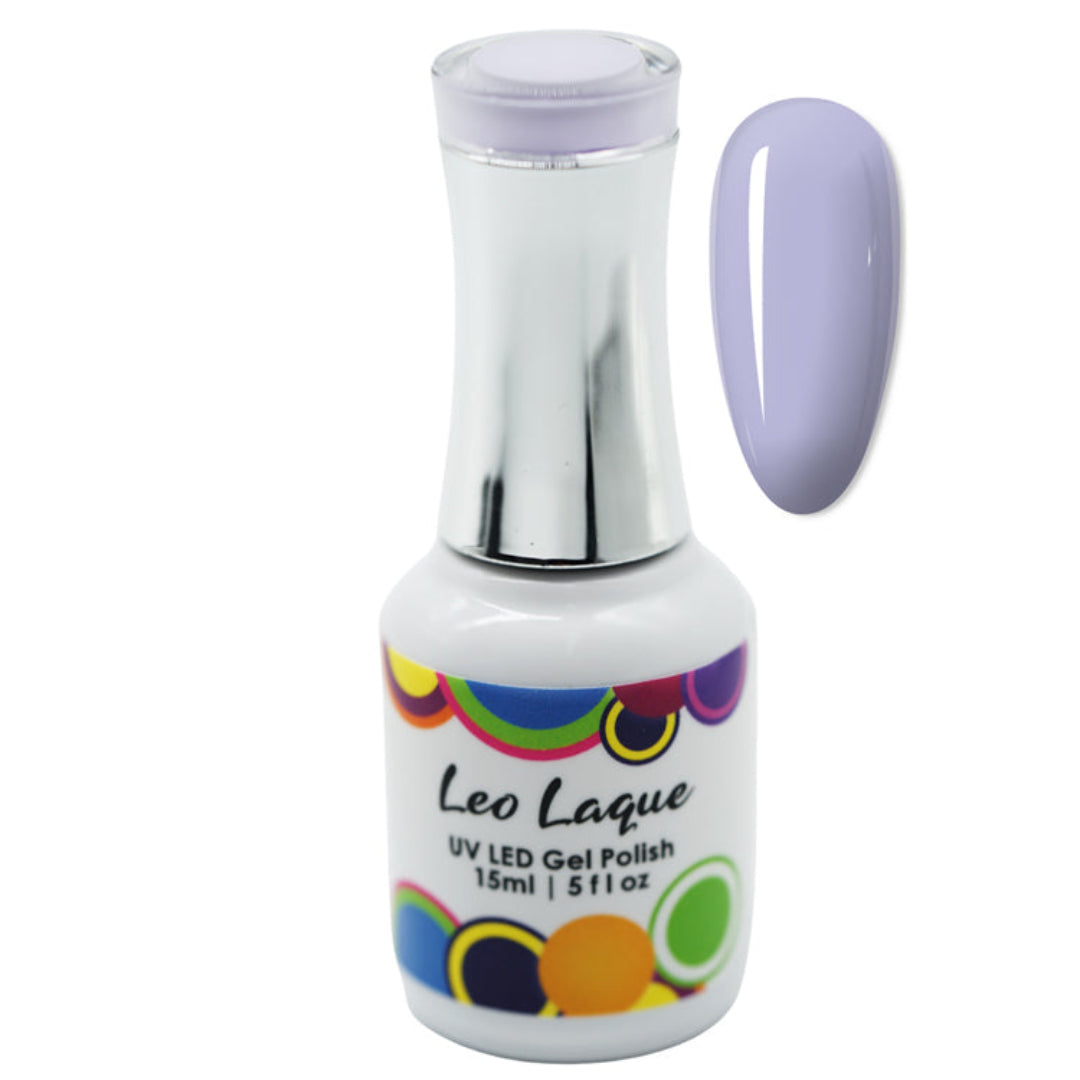 A bottle of Leo Laque UV LED gel nail polish in a light lavender shade, shown alongside a matching oval nail swatch on a plain white background.