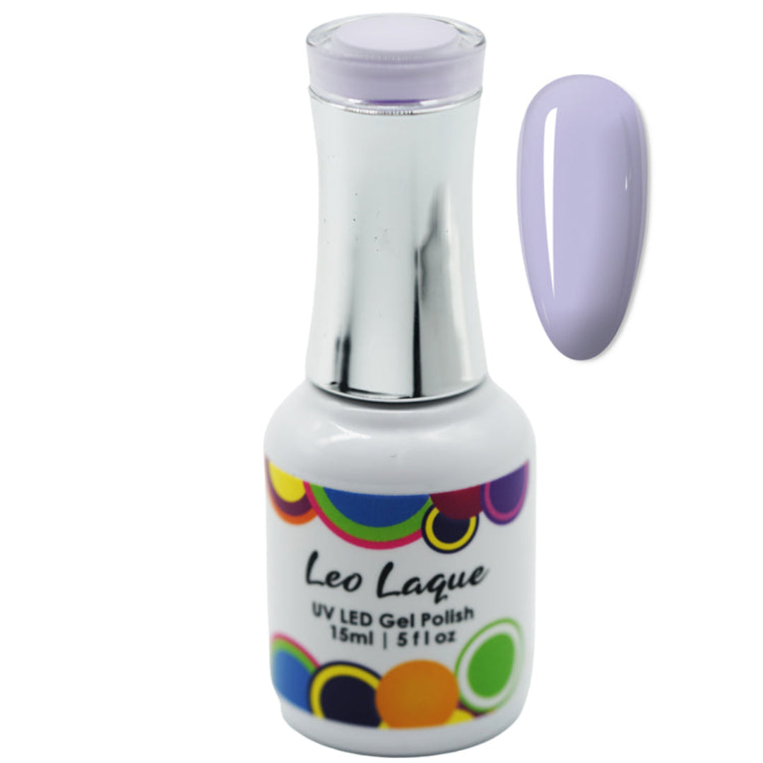 A bottle of Leo Laque UV LED Gel Polish in a light lavender shade, shown alongside a matching oval nail swatch on a plain white background.
