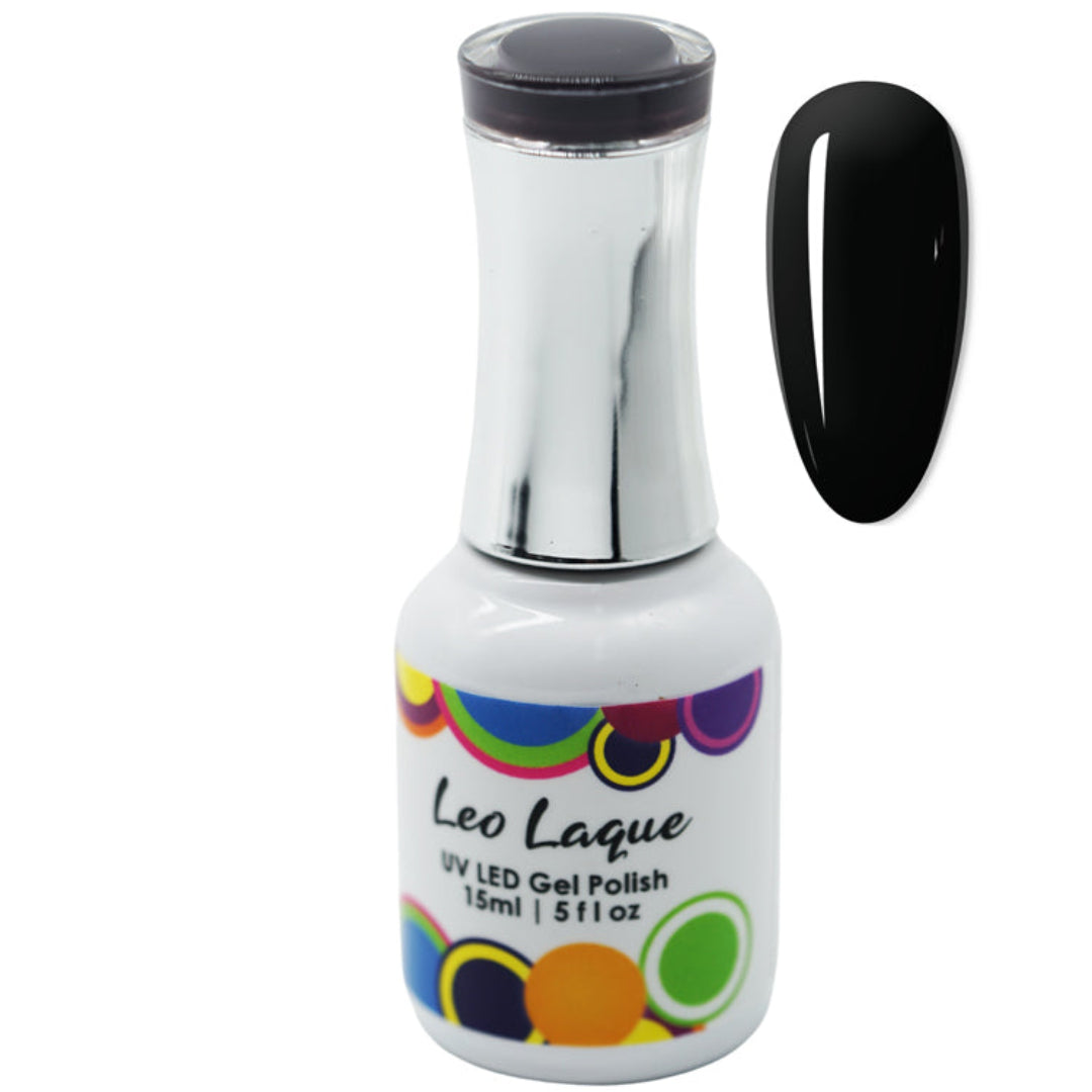 A bottle of Leo Laque UV LED Gel Polish in black, shown next to a glossy black nail swatch on a plain white background.