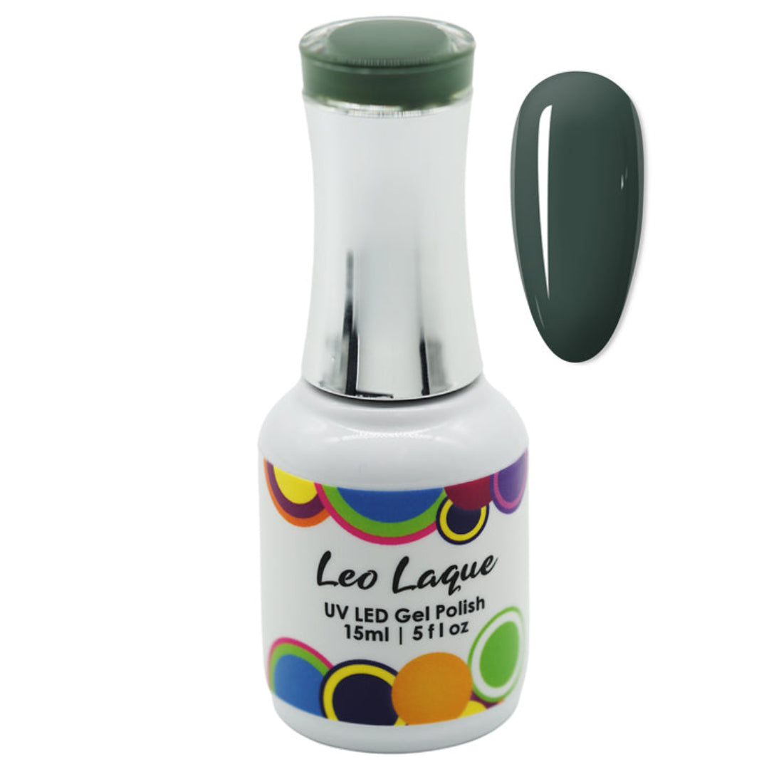A bottle of Leo Laque UV LED Gel Polish in a dark sage green shade, shown alongside a matching nail color swatch on a plain white background.
