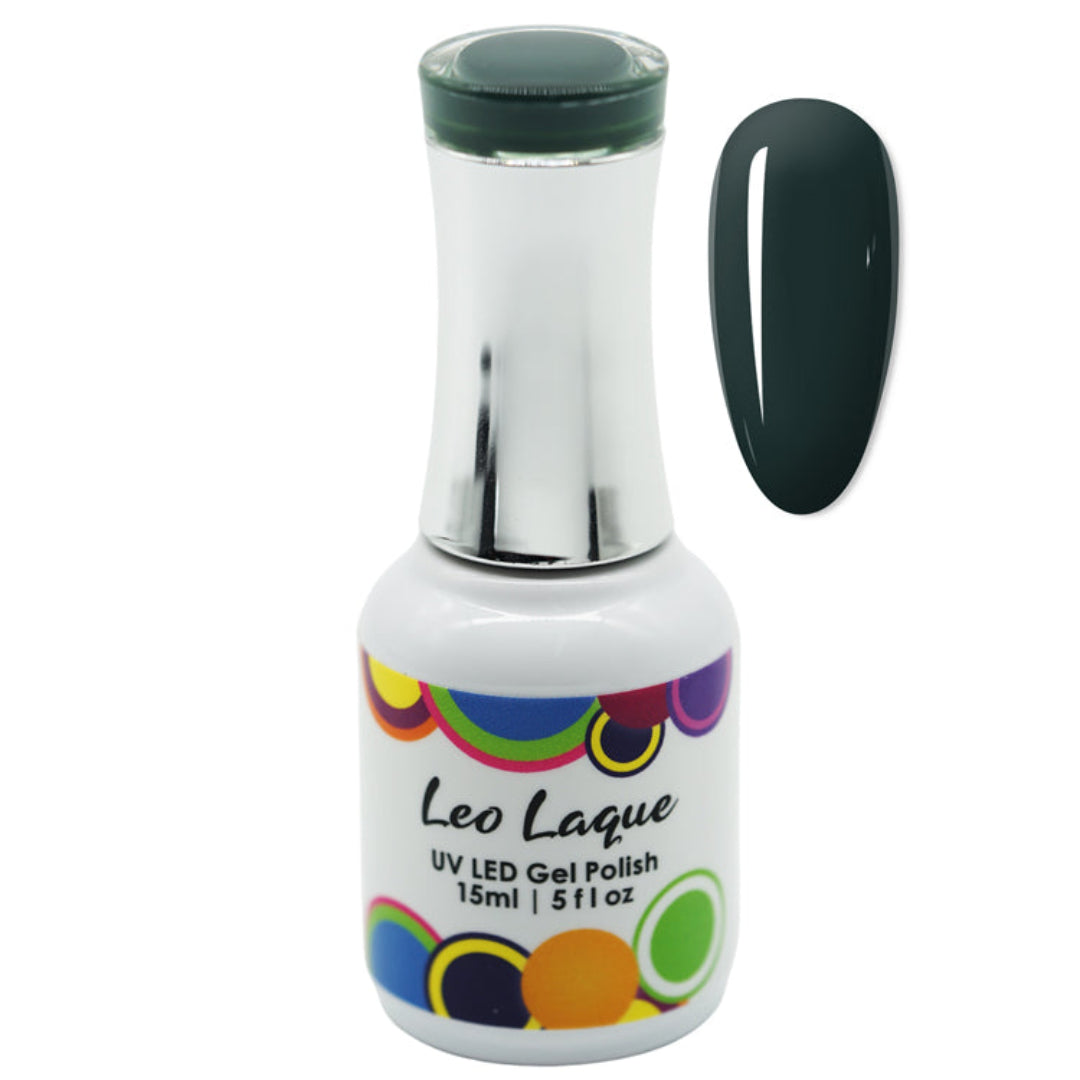 A bottle of Leo Laque UV LED gel nail polish with a dark forest green shade, shown alongside a matching dark green nail swatch on a plain white background.