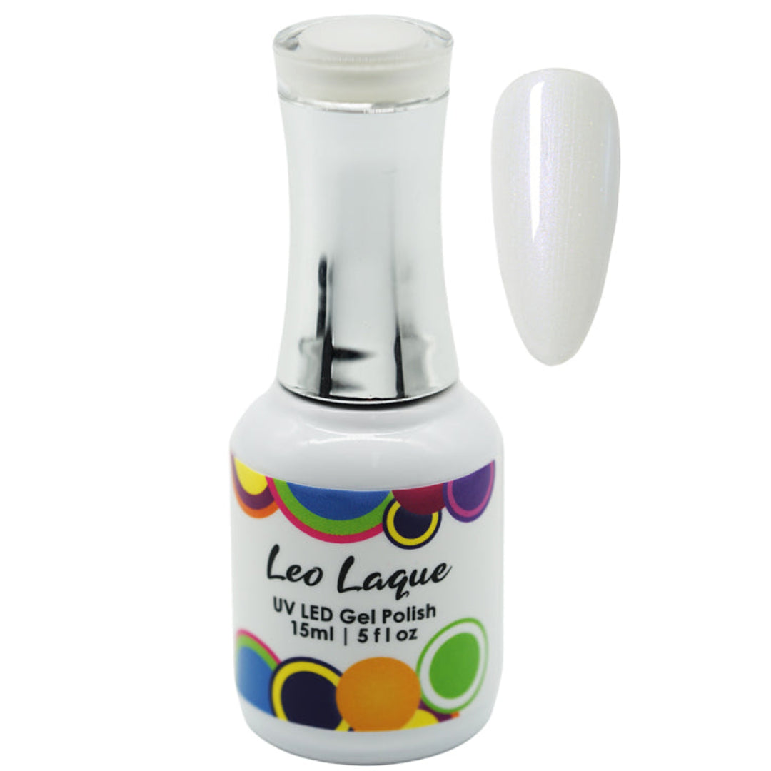 A bottle of Leo Laque UV LED Gel Polish with a silver cap and a white nail swatch showing a pearlescent white finish, set against a plain white background.