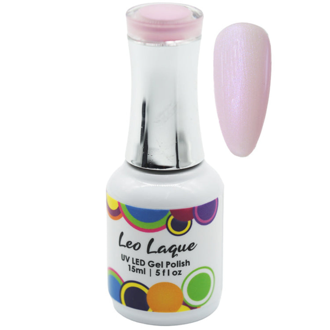 A bottle of Leo Laque UV LED gel nail polish with a silver cap and a swatch of the light pink, pearlescent polish shown next to it on a white background.