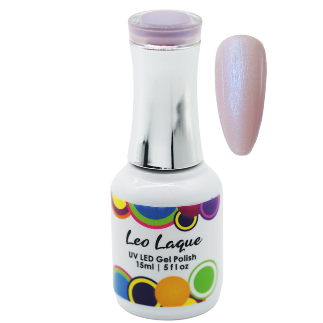 A bottle of Leo Laque UV LED Gel Polish with a silver cap and a color swatch showing a pearlescent light pink nail finish, on a white background.