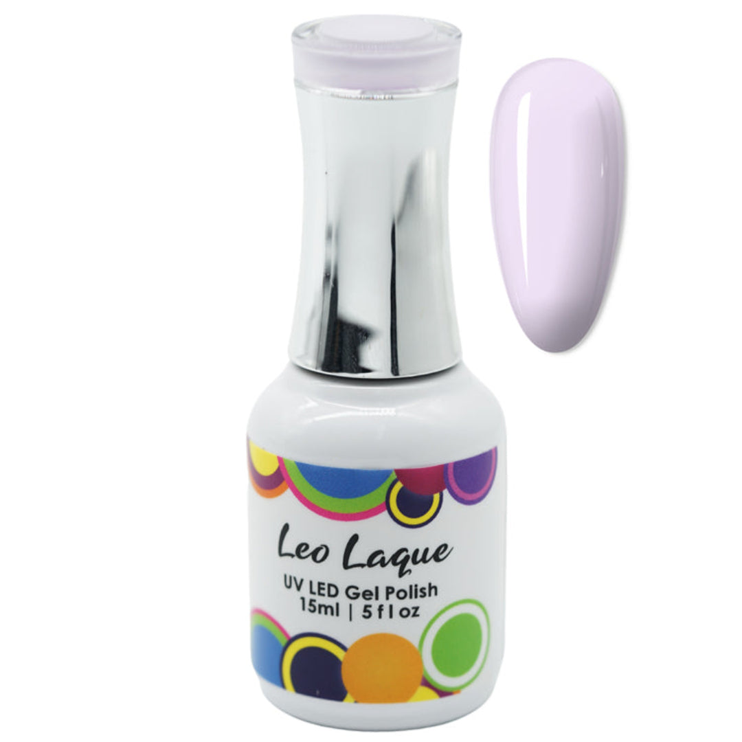 A bottle of Leo Laque UV LED Gel Polish with a matching light lavender nail color swatch displayed next to it on a white background.