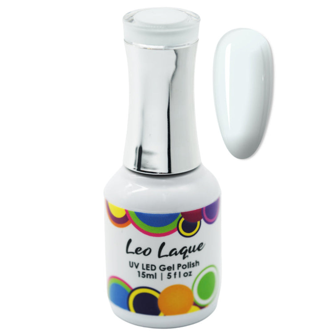 A bottle of Leo Laque UV LED gel nail polish in a blue-white shade, shown alongside a matching oval nail color swatch on a plain white background.