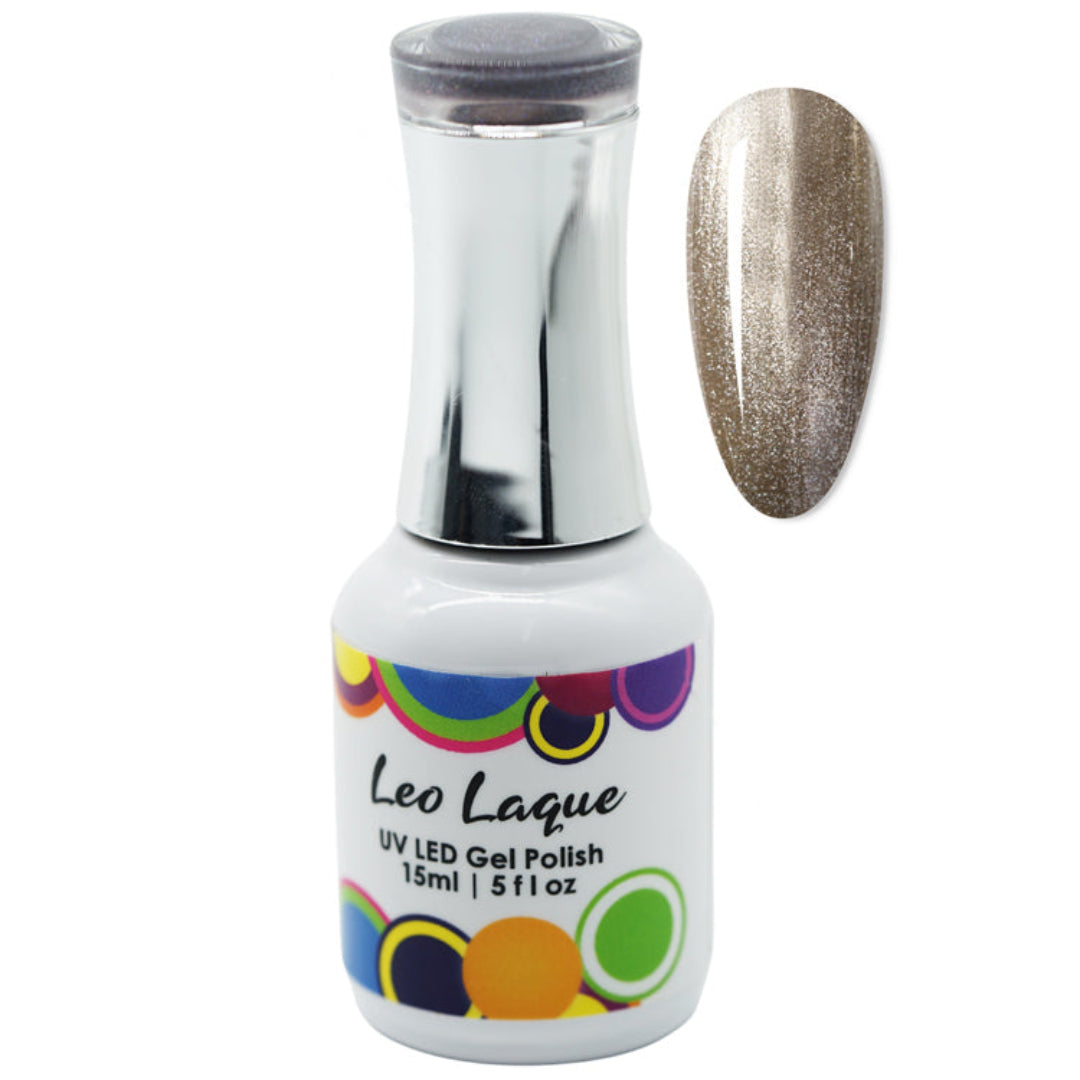 A bottle of Leo Laque UV LED Gel Polish with a metallic gold glitter swatch shown next to it on a white background.