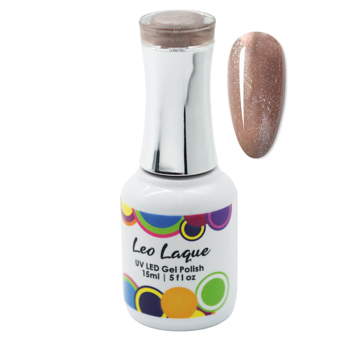 A bottle of Leo Laque UV LED gel nail polish with a silver cap and a color swatch showing a sparkling bronze shimmer, on a white background.