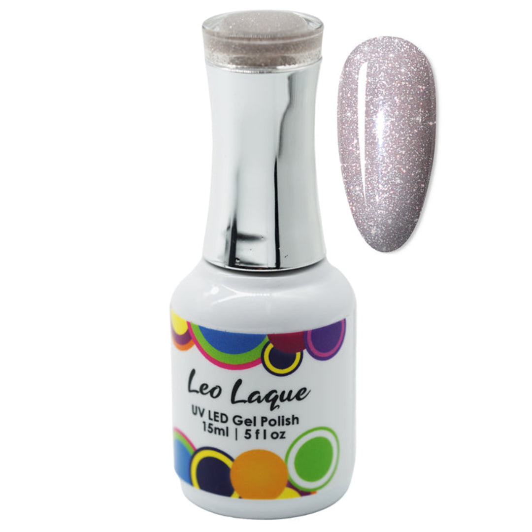 A bottle of Leo Laque UV LED Gel Polish with a silver cap and a color swatch showing a glittery lavender-silver nail finish, on a white background.