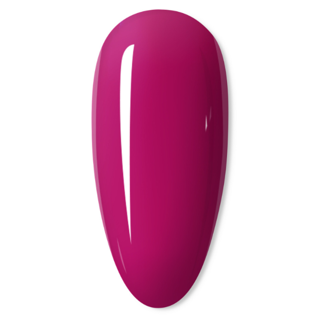 A glossy, teardrop-shaped nail color swatch in a vibrant magenta-pink shade, set against a clean white background.