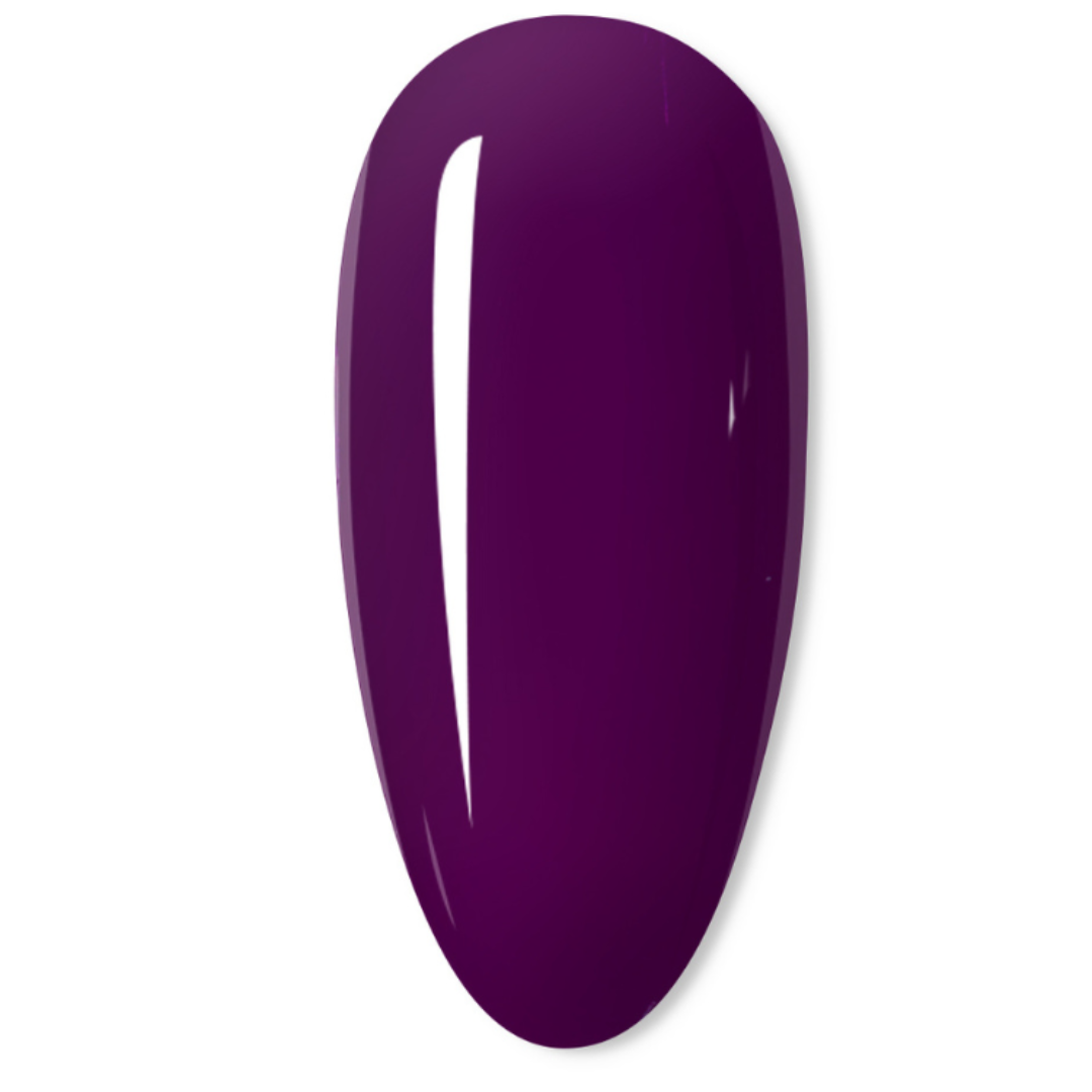 A glossy, teardrop-shaped gel nail color swatch in a deep plum purple shade, shown on a clean white background.