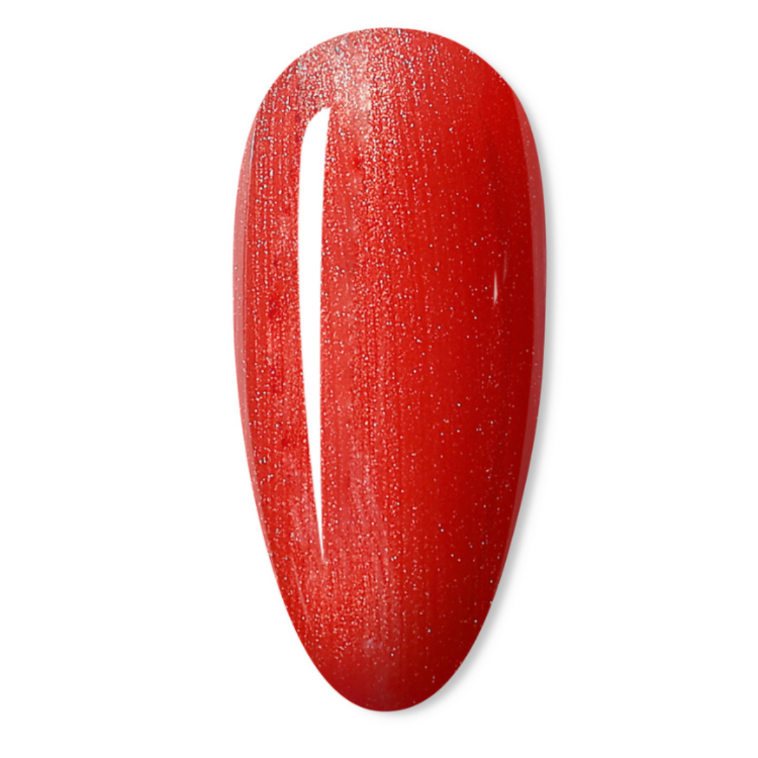 A glossy red nail gel polish swatch with fine silver glitter, shown on a clean white background.