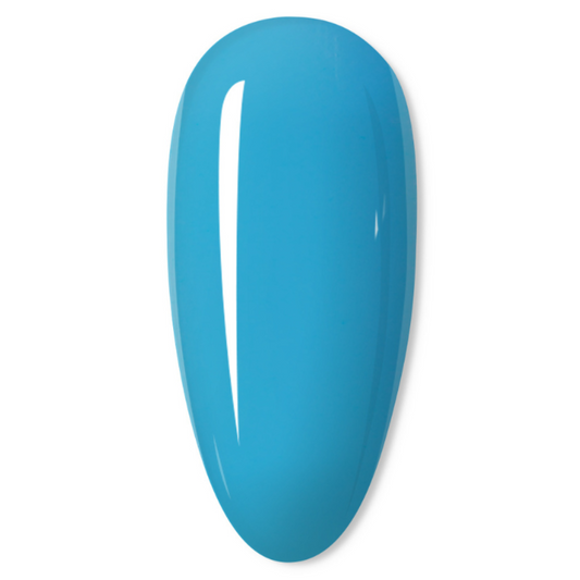 A glossy, teardrop-shaped nail tip swatch in a bright turquoise blue gel color, shown on a clean white background.