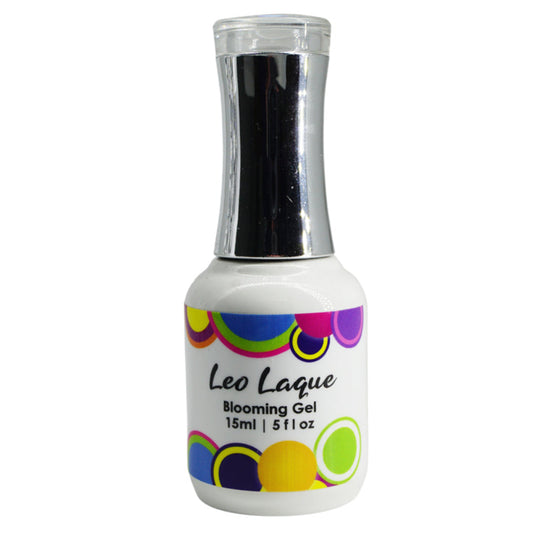 A bottle of Leo Laque Blooming Gel nail polish in a white bottle with a shiny silver cap, featuring a colorful label with green, yellow, blue, and purple circles on a white background.