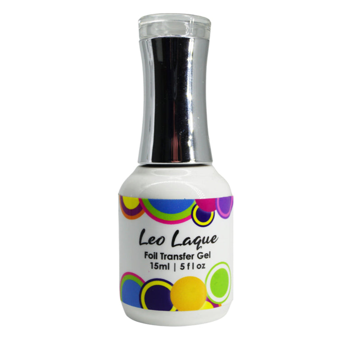A bottle of Leo Laque Foil Transfer Gel nail polish in a white bottle with a shiny silver cap, featuring a colorful label with overlapping circles in purple, blue, green, yellow, and orange.