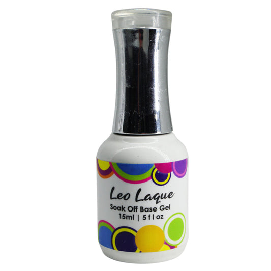 A bottle of Leo Laque Soak Off Base Gel with a colorful label featuring multicolored circles and the brand name.