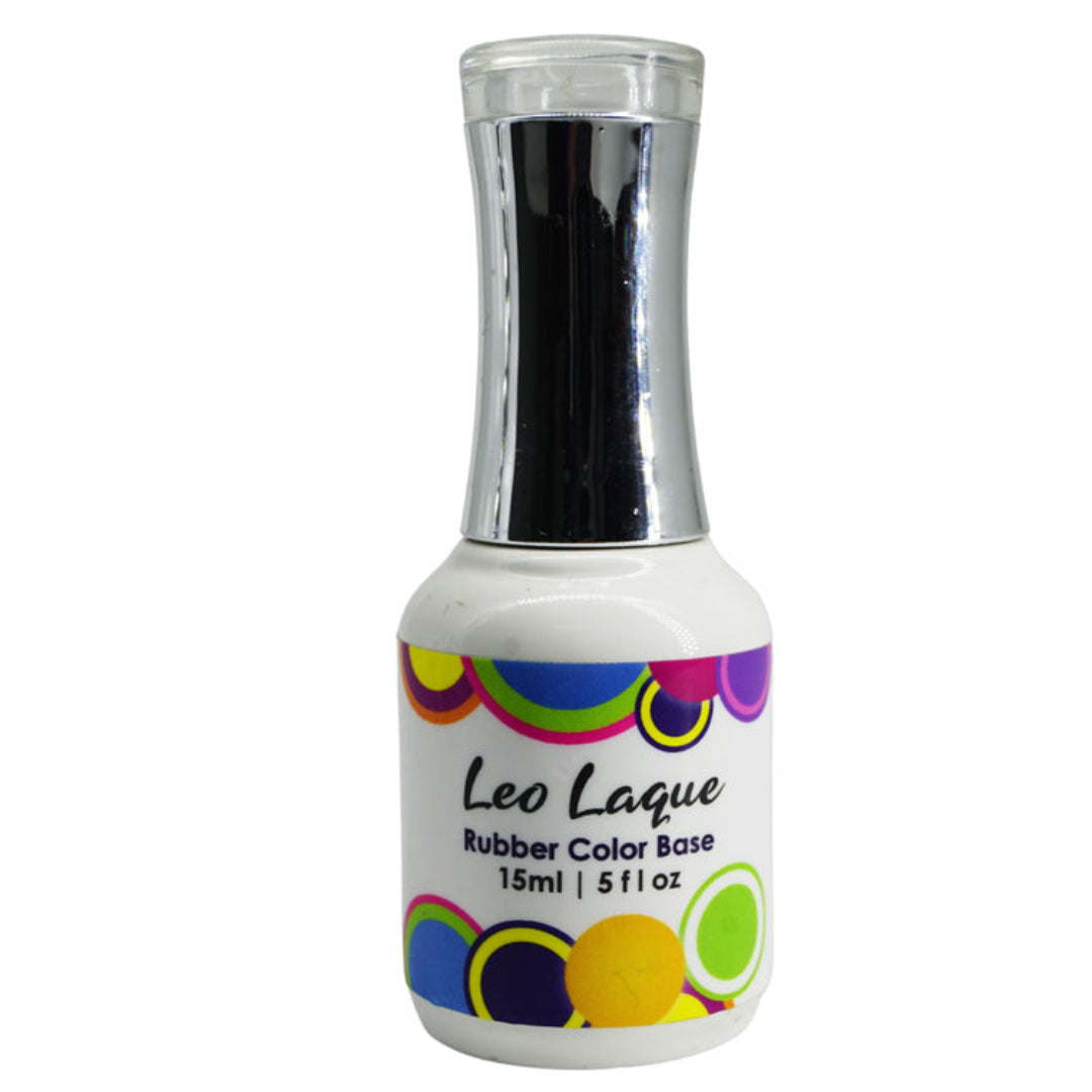 A bottle of Leo Laque Rubber Color Base nail polish on a plain white background. The bottle is white with a shiny silver neck and a colorful label featuring overlapping circles in yellow, green, blue, purple, and black.