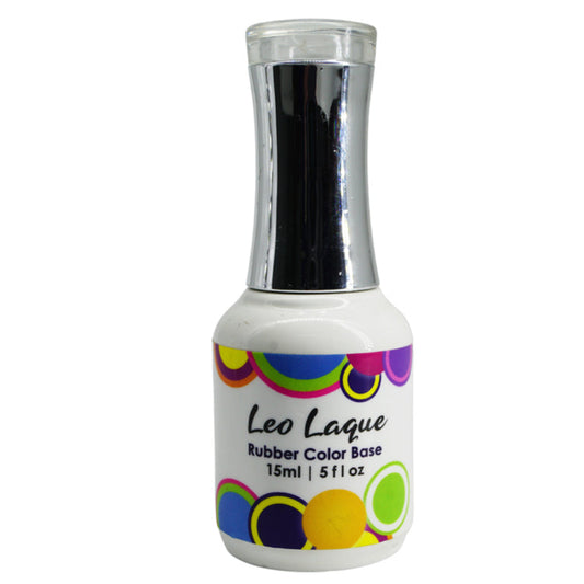 A bottle of Leo Laque Rubber Color Base nail polish on a plain white background. The bottle is white with a shiny silver neck and a colorful label featuring overlapping circles in yellow, green, blue, purple, and black.