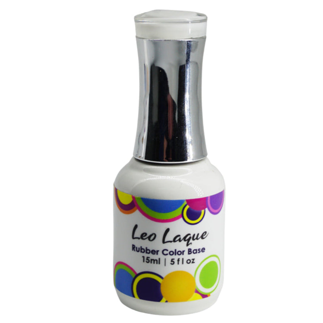 A bottle of Leo Laque Rubber Color Base nail polish on a solid white background. The bottle is white with a shiny silver metallic neck and a label decorated with colorful overlapping circles in purple, blue, yellow, green, and pink.
