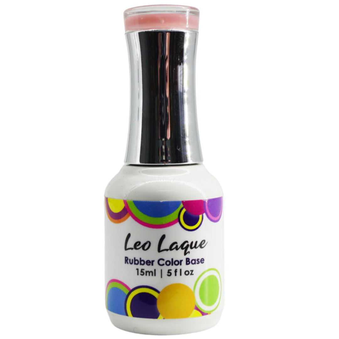 A bottle of Leo Laque Rubber Color Base gel nail polish on a solid white background. The bottle is white with a shiny silver metallic neck and a pink cap, featuring a colorful label with circular patterns.
