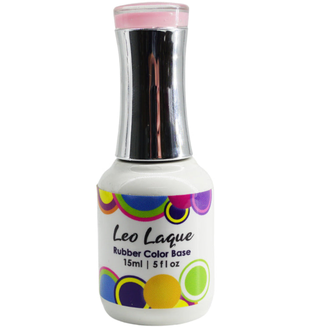 A bottle of Leo Laque Rubber Color Base nail polish on a solid white background. The bottle is white with a shiny chrome silver neck and a pink cap, featuring a colorful pattern of overlapping circles in blue, green, yellow, purple, and orange on the label.