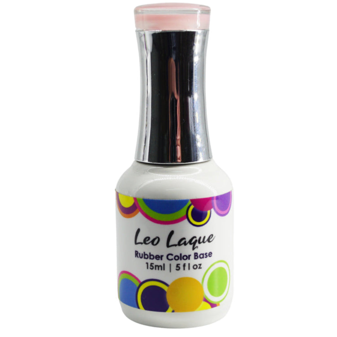 A bottle of Leo Laque Rubber Color Base, 15ml (5 fl oz), featuring a white body with a colorful circular pattern, a metallic silver neck, and a pink cap, set against a plain white background.
