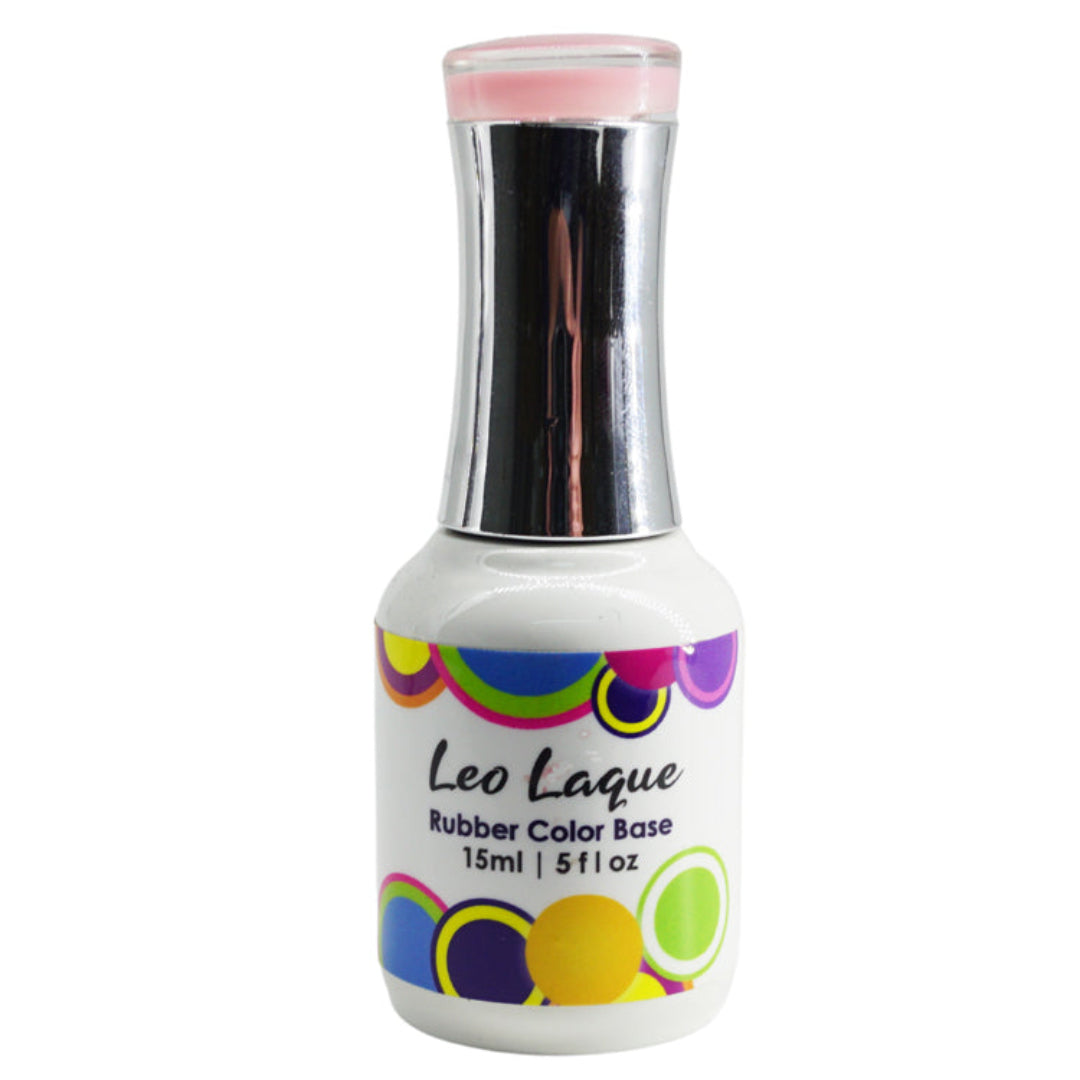 A bottle of Leo Laque Rubber Color Base gel nail polish on a solid white background. The bottle is white with a shiny silver metallic neck and a pink translucent cap.