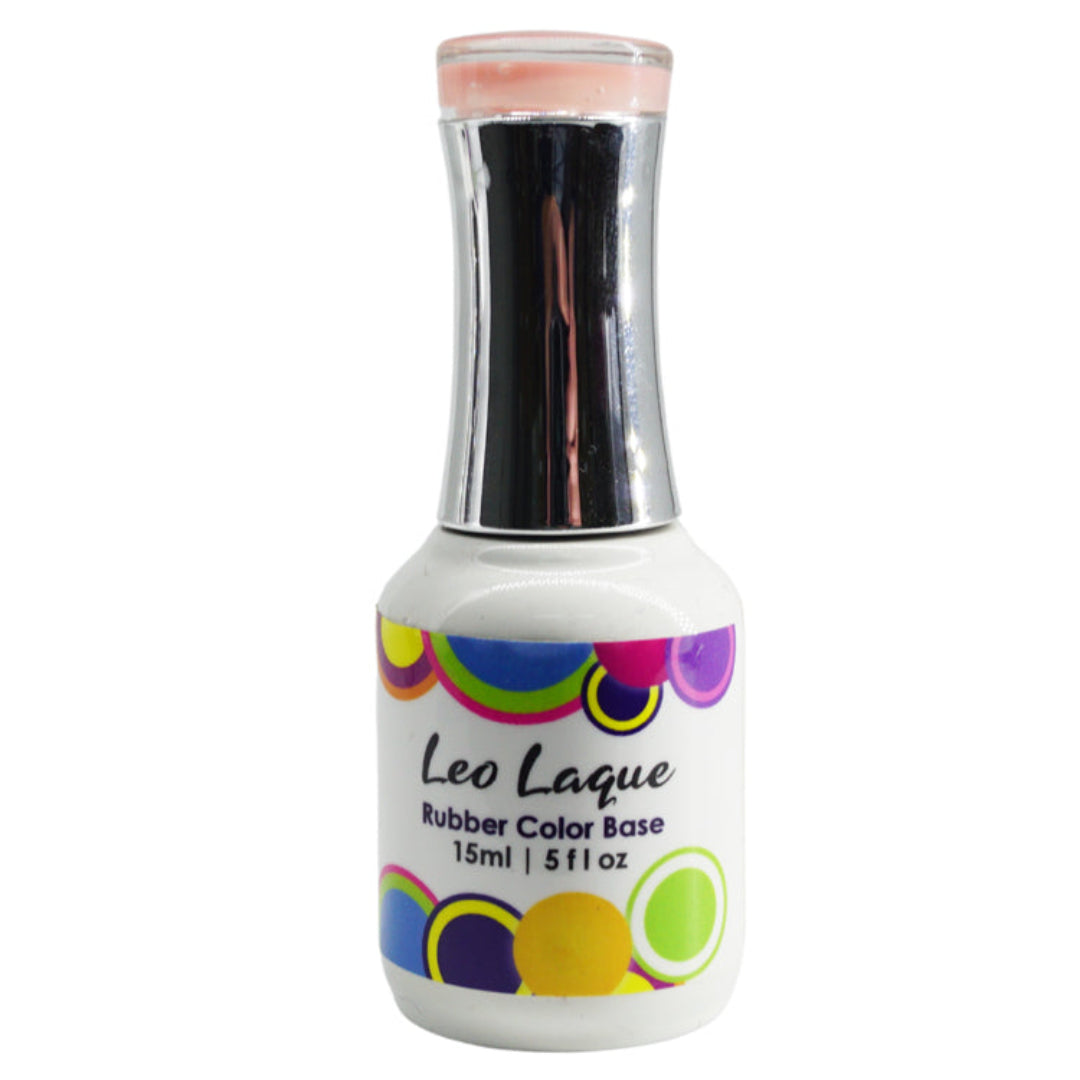 A bottle of Leo Laque Rubber Color Base nail polish in a white bottle with a shiny silver cap and a colorful label featuring purple, yellow, green, and blue circles.