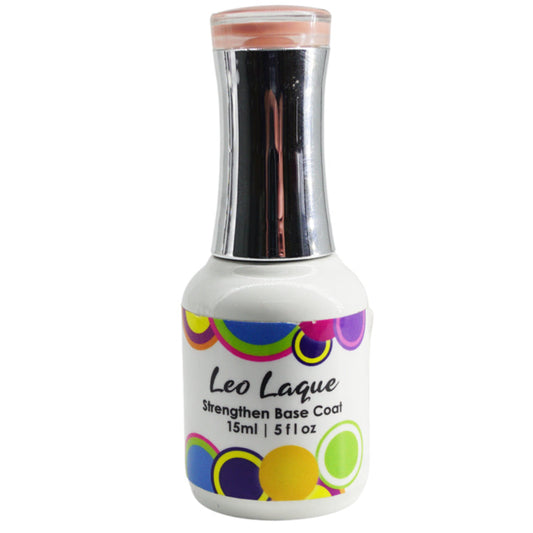 A bottle of Leo Laque Strengthening Base Coat, 15ml size, with colorful label featuring multicolored circles and the brand name.