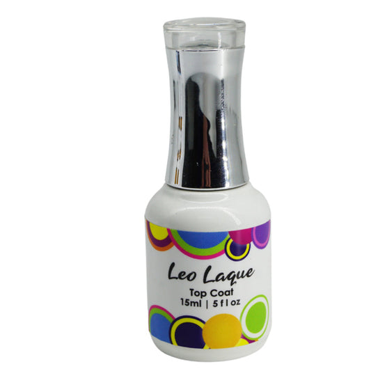 A bottle of Leo Laque top coat for nail polish, 15ml size, with colorful label featuring multicolored circles and the brand name.