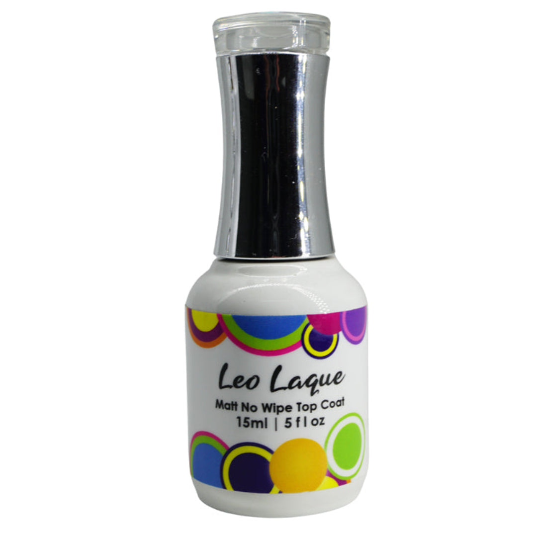 A bottle of Leo Laque matte no wipe top coat gel, with a colorful label featuring multicolored circles and the brand name.