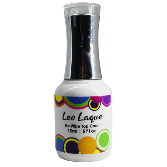 A bottle of Leo Laque No Wipe Top Coat nail polish in a white bottle with a silver cap and a colorful label featuring purple, blue, green, yellow, and orange circles.