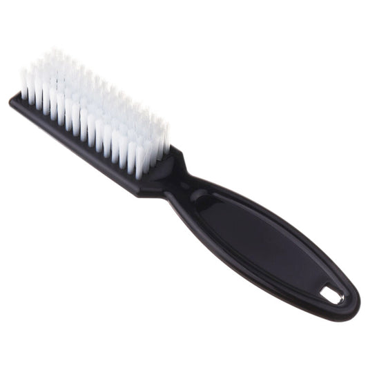 P016 Black Cuticle Nail Brush with Handle | A black plastic nail brush with white bristles, for cleaning cuticles, nails and remove filing dust from nails, shown diagonally on a plain white background.