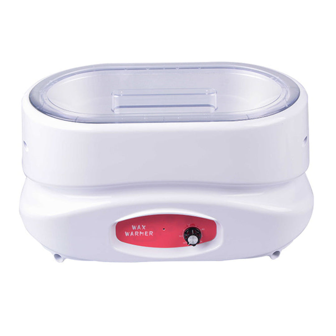 A white, round paraffin wax warmer with a clear lid and a pink control panel, featuring a temperature gauge and a power switch.