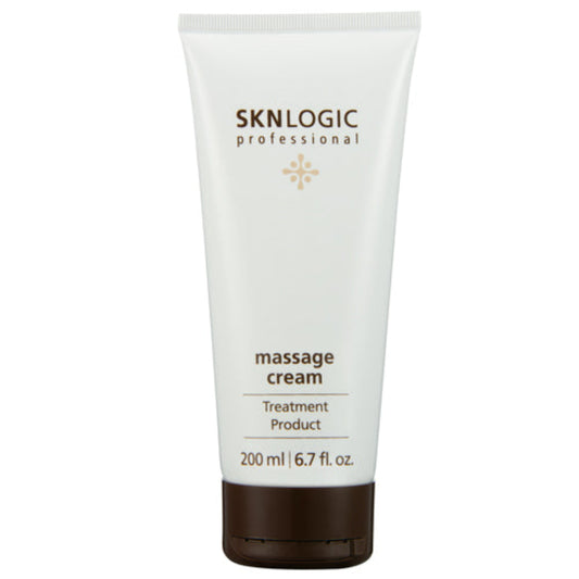 SKN025 SKNLOGIC Facial Massage Cream 200ml |A white squeeze tube of SKNLOGIC Professional massage cream with a dark brown cap, shown against a plain white background.