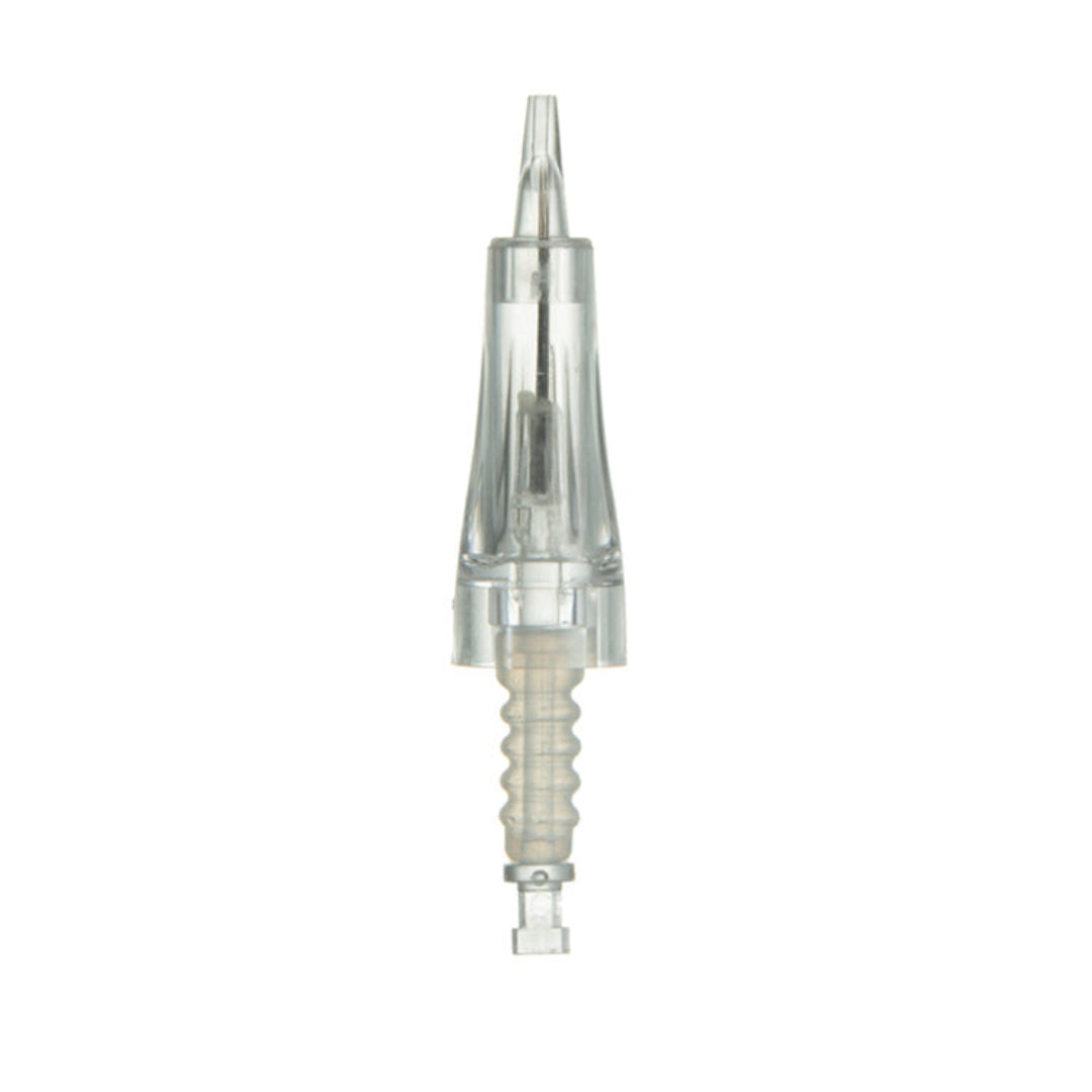 A clear, disposable needle cartridge with a cap and a small needle attached, commonly used for micro needling